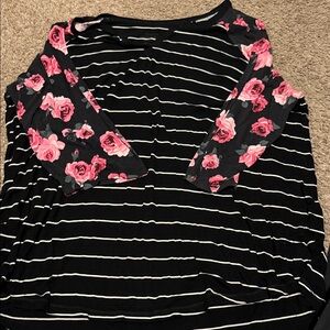 Torrid Black Striped Top with Pink Floral Sleeves